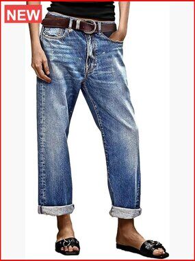 Straight Leg Cropped Jeans Mid Rise Roll Hem Denim Pants